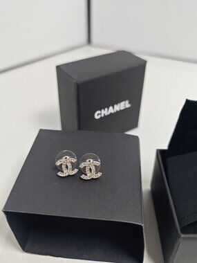Chanel Crystal Paved CC Logo Stud Earrings